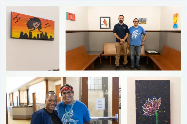 A collage made up of four images: a painting of a smiling figure against a background fading from bright orange to yellow; two photos of two people standing side by side; and another painting of a ranchero with a flower sprouting from the top of his head