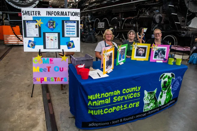 Three Animal Services volunteers sitting at event welcome table.