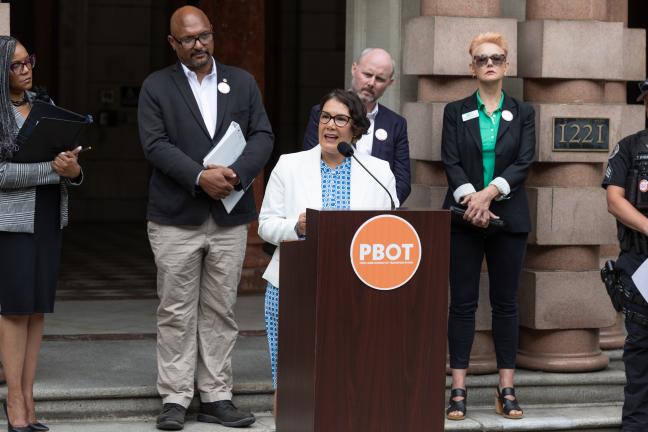 Chair Jessica Vega Pederson speaks at the City of Portland traffic fatality press conference