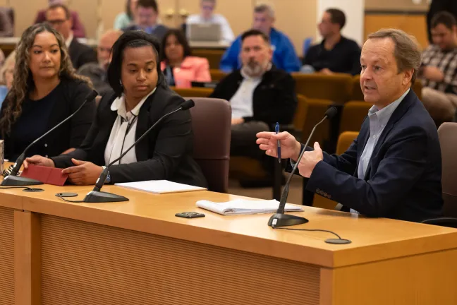 From right, Joint Office director Dan Field, finance manager Antoinette Payne, and director of progrems Kanoelehua Egleston present during the corrective action plan vote Thursday, Sept. 7, 2023.