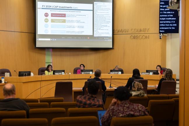 The Board of Commissioners listens to a presentation before voting to approve allocations in a corrective action plan for the Joint Office's Supportive Housing Services underspending on Sept. 7, 2023.