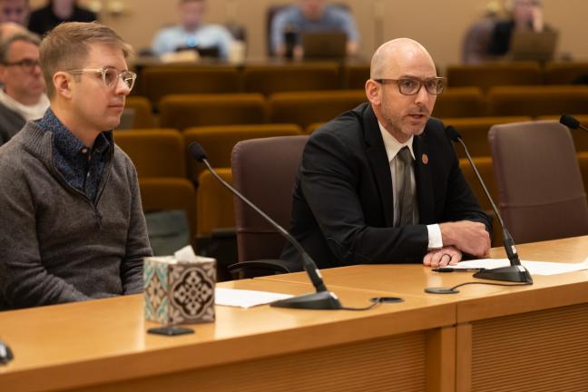 Andrew Hoan, right, leader of the Portland Metro Chamber, and Cole Merkel, co-director of Here Together, both urged the Board to approve a $10 million allocation for capacity-building and workforce supports for service providers on Sept. 7, 2023.