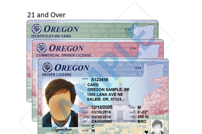 Three examples of Real ID documents layered in a staggered fashion over one another. The faces on the Real IDs are blurred out.