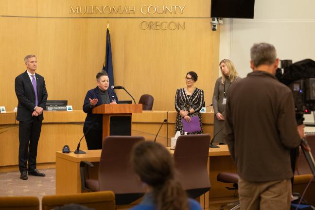 Stacy Borke, policy advisor for Chair Jessica Vega Pederson, speaks during a news conference on a framework for extending the Joint Office IGA on Dec. 6, 2023.