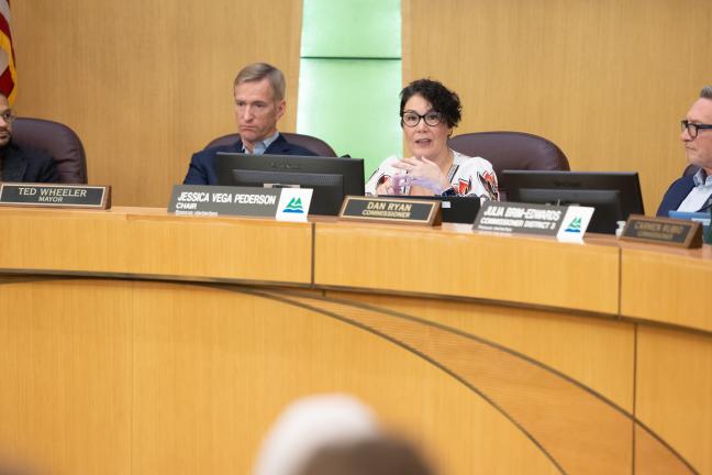 Jesse Beason, Ted Wheeler, Jessica Vega Pederson and Dan Ryan sit at the dais.