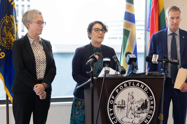 (Left to right): Oregon Gov. Tina Kotek, Chair Jessica Vega Pederson, and Portland Mayor Ted Wheeler