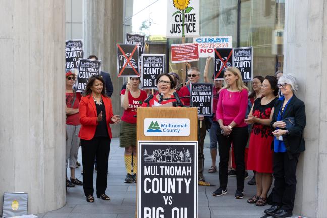 Multnomah County Commissioners speak about the lawsuit filed against several of the largest fossil fuel corporations to keep them accountable for the damages arising from the 2021 Pacific Northwest Heat Dome