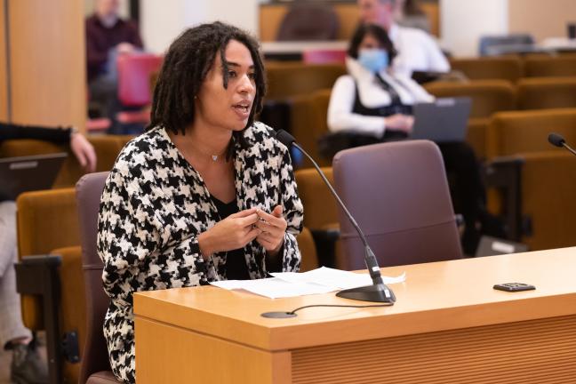 Monique Smiley sits at the dais in the Multnomah County boardroom.