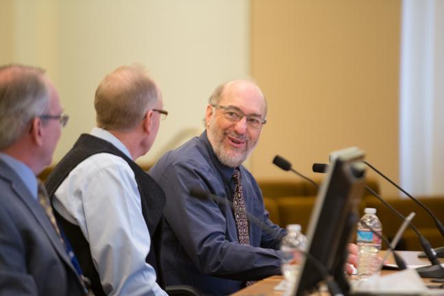 Hoffman Construction's Gerry Hein briefs on courthouse features and animation video. Owner's representative Mike Day and Project Manager JD Deschamps look on