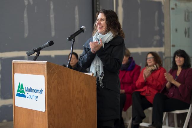Multnomah County Chair Deborah Kafoury speaks before hundreds of supporters at the Central Courthouse Project Topping Out Ceremony.