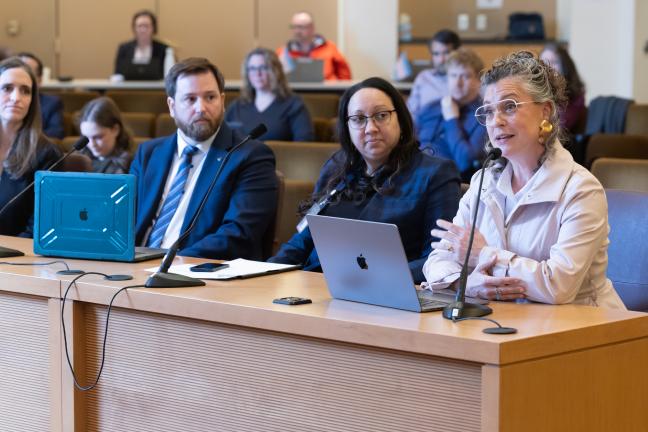 Abby Stamp (right), Rachael Banks, Diego Basabe and Emily Mosites present to the Board