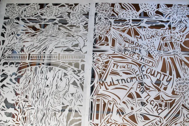 Barbara Earl Thomas' steel murals depict the places of Multnomah County.