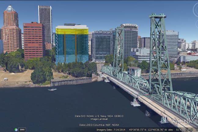 Central courthouse concept at west end of Hawthorne Bridge