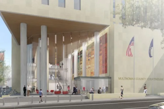 Artist rendering of central courthouse at Southwest 1st and Madison entrance