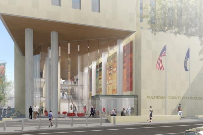 Artist rendering of central courthouse at Southwest 1st and Madison entrance