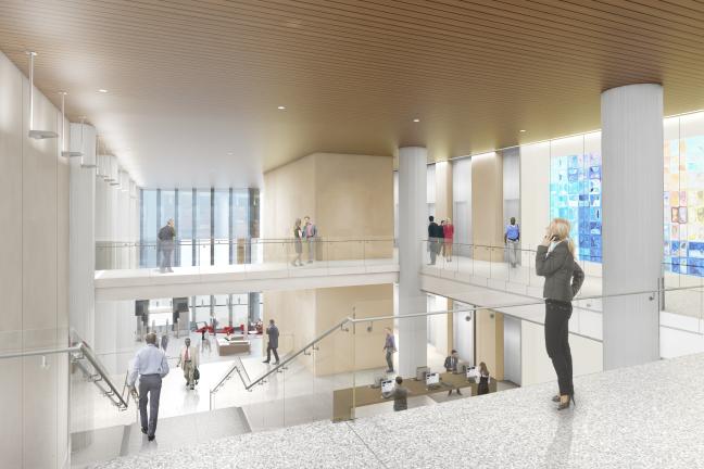 Artist rendering and 3rd floor view of lobby inside new courthouse.