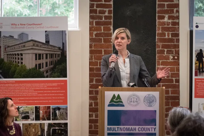 House Majority Leader Jennifer Williamson addresses groundbreaking crowd