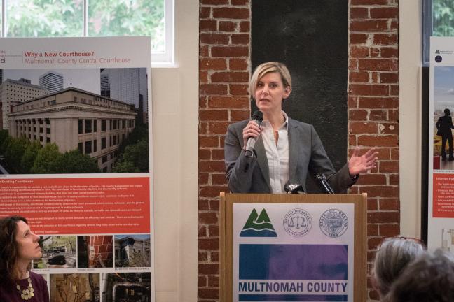 House Majority Leader Jennifer Williamson addresses groundbreaking crowd