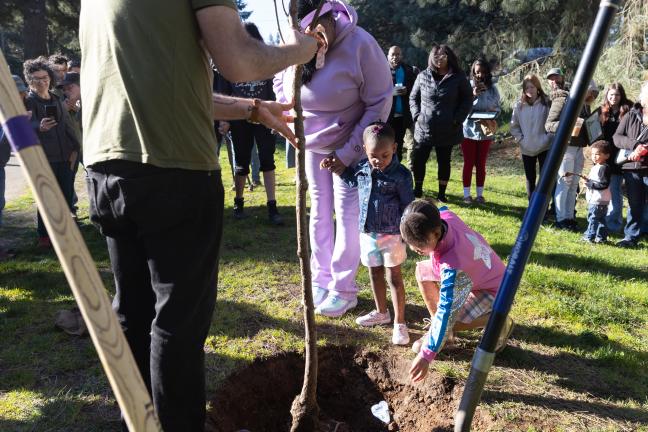 Image of family members at the tree planting dropping papar hearts at the root of the tree