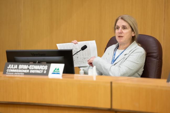 Commissioner Julia Brim-Edwards at the dais in the boardroom, holding up the site plan for the shelter.