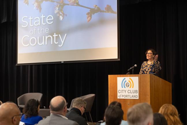 Chair Jessica Vega Pederson gestures during her second State of the County