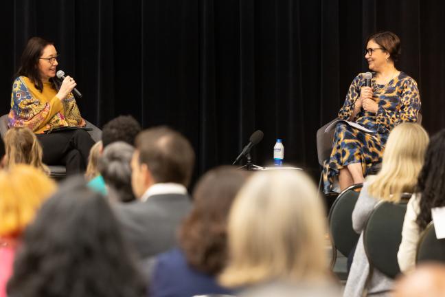 Moderator Cynthia Gomez, left, and Chair Vega Pederson