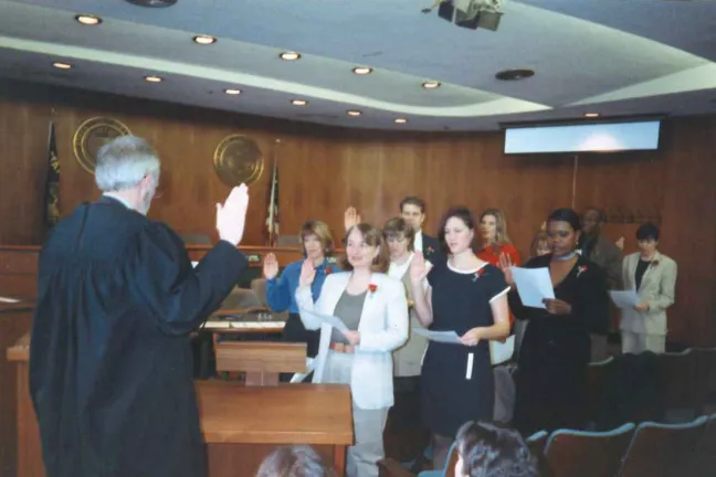 Erika Preuitt, rear right, at her 1994 swearing in.