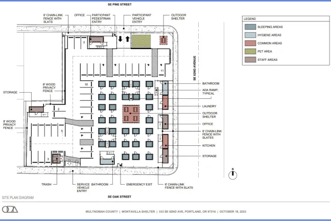 Montavilla shelter site plan showing the layout of the shelter pods, fencing, and hygiene areas.