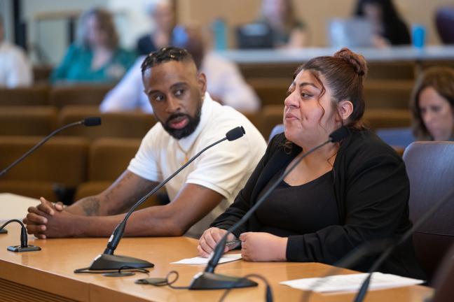 Marlen Sanabria (right), a Latina who works in culturally specific recovery services, described her journey as a person in long-term recovery who’s struggled with mental health.