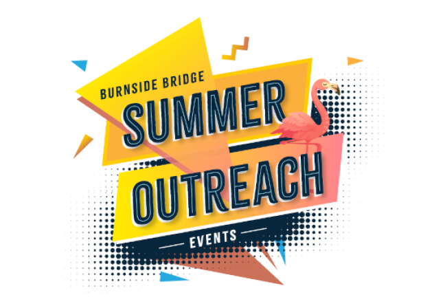 stylized logo with the words Burnside Bridge Summer Outreach Events and a pink flamingo.