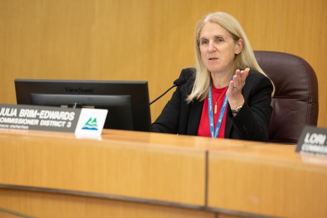 Julia Brim-Edwards at the dais in the boardroom.