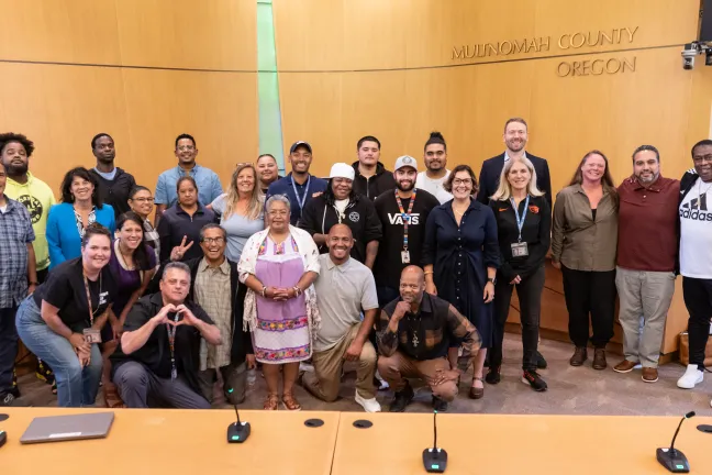 Commissioners Sharon Meieran and Julia Brim-Edwards and Chair Jessica Vega Pederson celebrate Recovery Month with County staff and members of the recovery community.