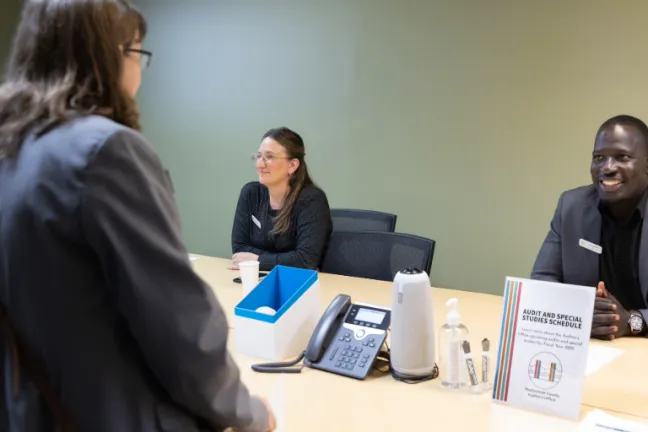 Left to right: Senior Performance Auditor Mandi Hood and Auditor Sura Sumareh answers questions about recent audits.