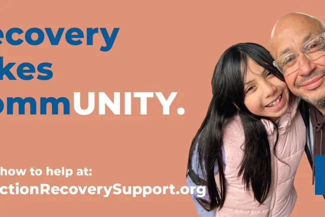A horizontal billboard with text that says Recovery takes Community with a photo of a child and an adult.