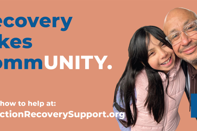 A horizontal billboard with text that says Recovery takes Community with a photo of a child and an adult. 