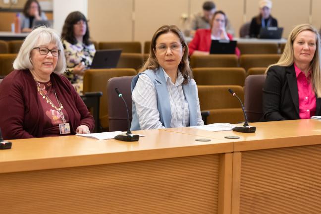 Judy Elam (left) an on-call election worker who joined the Elections Division 16 years ago, described her joy working for Elections, on her right is Paty Vasquez Pacheco, a bilingual translation coordinator and Jennifer Wessels, operations manager.