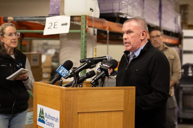 Multnomah County Elections Director Tim Scott speaks at a news conference Monday, Oct. 28, 2024.