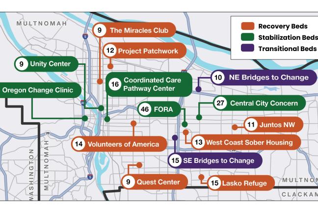 A map showing 250 new recovery, stabilization, and transitional beds in Multnomah County