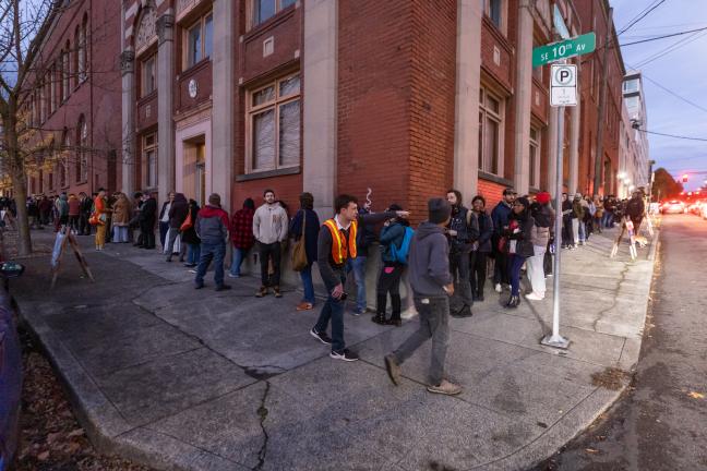 Election Day lines at the Multnomah County Elections Division's main office stretched around the block late on Nov. 5, 2024.