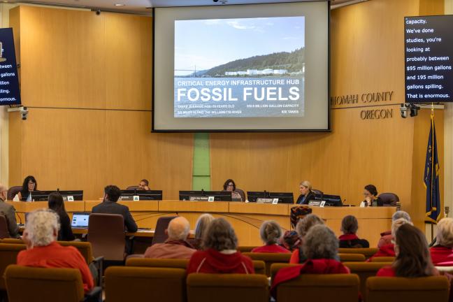 Commissioners hear testimony on the proposed policy, while supporters of financial assurance requirements — dressed in red — look on.