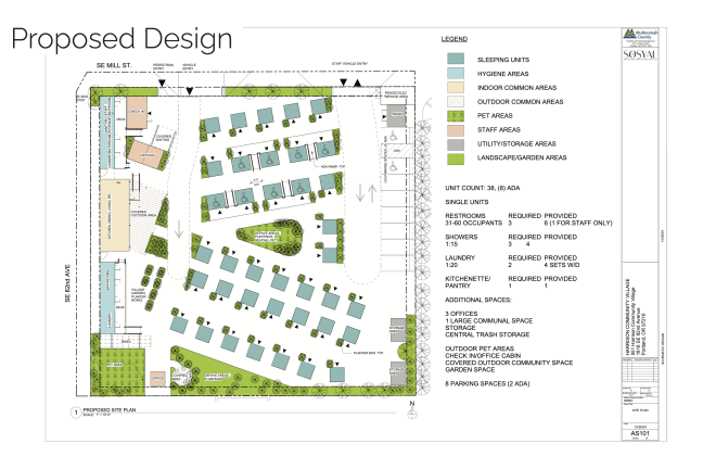 Shelter design showing a fenced area with 38 sleeping pods, offices and green space.