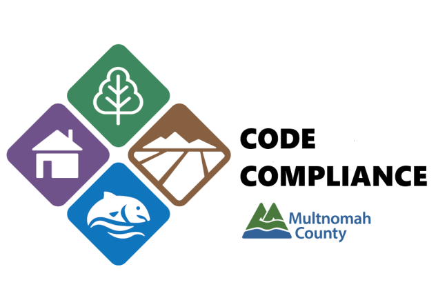 Multnomah County Logo showing symbols for home land tree and fish