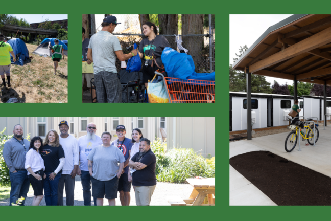 A collage that includes photos of people performing outreach to those living in tents, people who have been placed into shelter or housing, and a tiny home village.