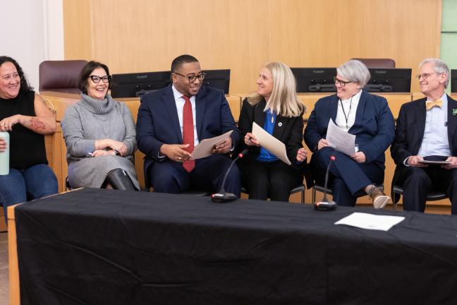 Multnomah County Board of Commissioners and former Oregon U.S. House Representative Earl Blumenauer (right) chatting prior to swearing in ceremony on Monday, Jan. 6, in Multnomah Building Boardroom. Board of Commissioners (left to right): Shannon Singleton, District 2; Chair Jessica Vega Pederson; Vince Jones-Dixon, District 4; Julia Brim-Edwards, District 3; Meghan Moyer, District 1.