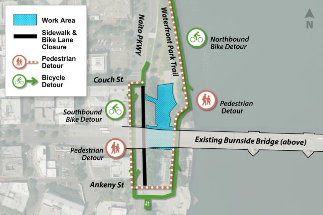 Images show the work area as well as bike and pedestrian detours.