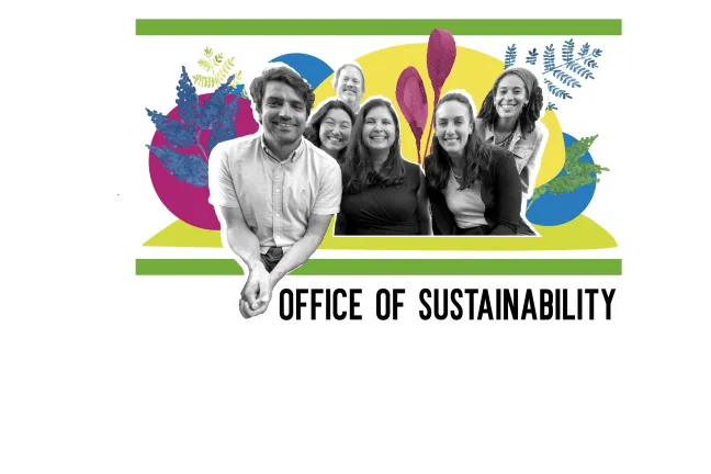 Staff from the Office of Sustainability smile in front of hand drawn colorful shapes and plants. "Office of Sustainability" is written beneath the team members.
