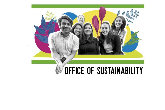 Staff from the Office of Sustainability smile in front of hand drawn colorful shapes and plants. "Office of Sustainability" is written beneath the team members.