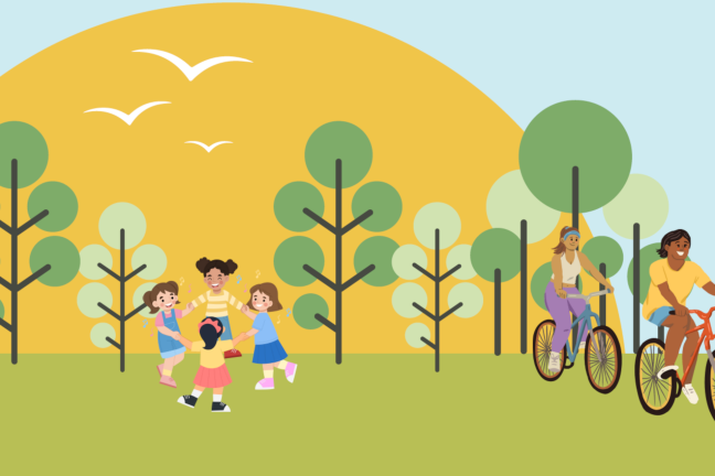 cartoon image of kids playing in a park with two adults riding bikes and a big sun in the background