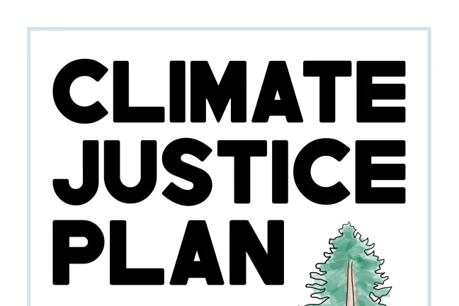 Image description: The cover of the Climate Justice Plan says "Climate Justice Plan, Community Discussion Draft. We value your feedback on what is written in this draft plan. Share your thoughts with us: rebrand.ly/CJP2025." Below is the Multnomah County Office of Sustainability logo and to the right is a hand-drawn large tree with colorful roots.