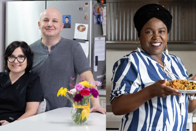 A picture of a couple on the left and a picture of a woman holding food on the right
